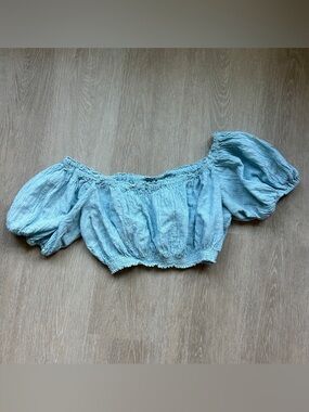 Kimchi Blue Smocked Off Shoulder Crop Top Blue Textured Stripe Puff Sleeve M